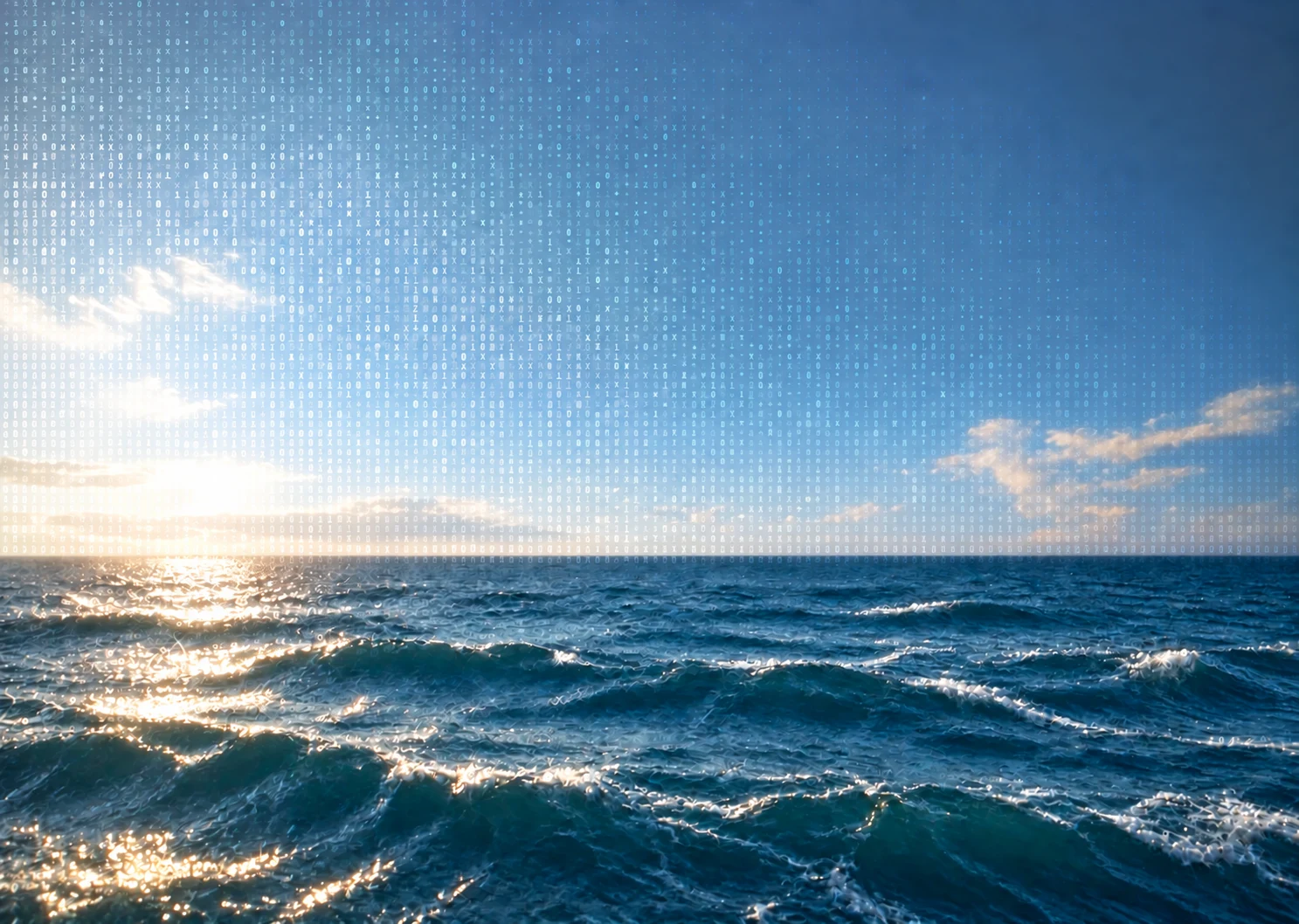 Pacific Ocean swells beneath a hazy blue sky overlaid with subtle data characters